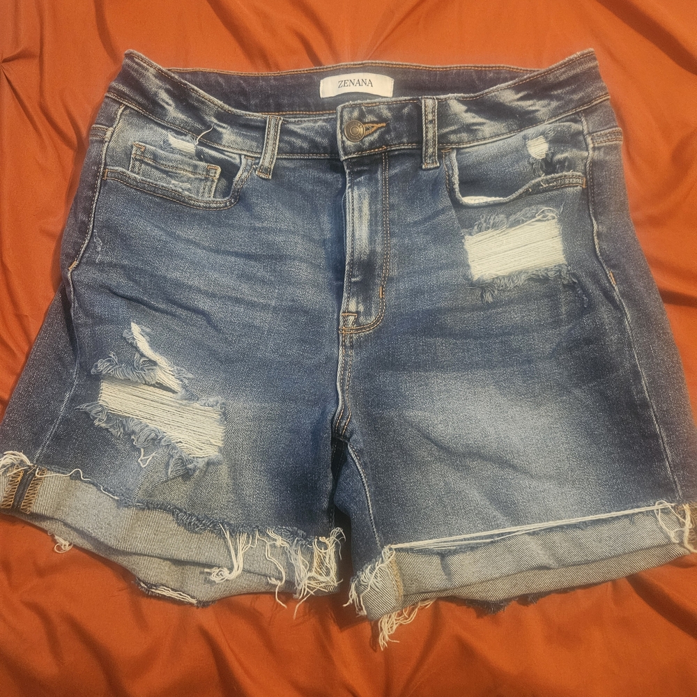 Zenana Outfitters Distressed Dark Blue Rolled-Hem Denim Shorts